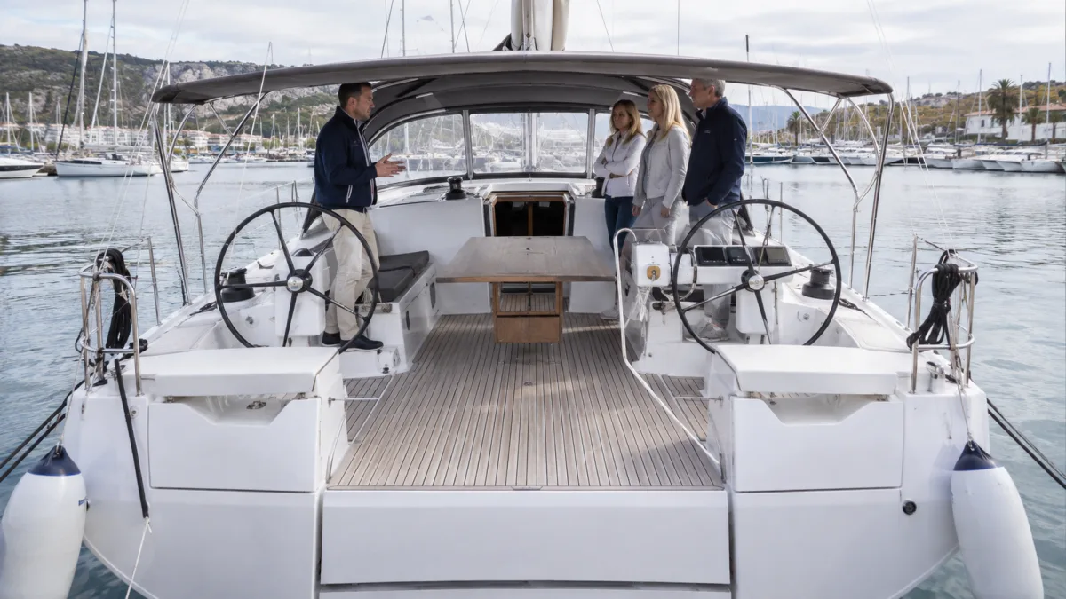 Redaktionelles Symbolbild eines großzügigen Cockpits einer 46-Fuß-Fahrtenyacht