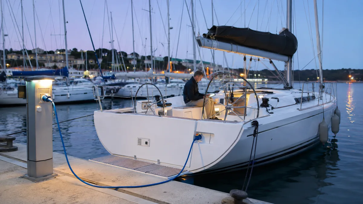 Redaktionelles Symbolbild einer Segelyacht beim regulären Laden am Hafenliegeplatz