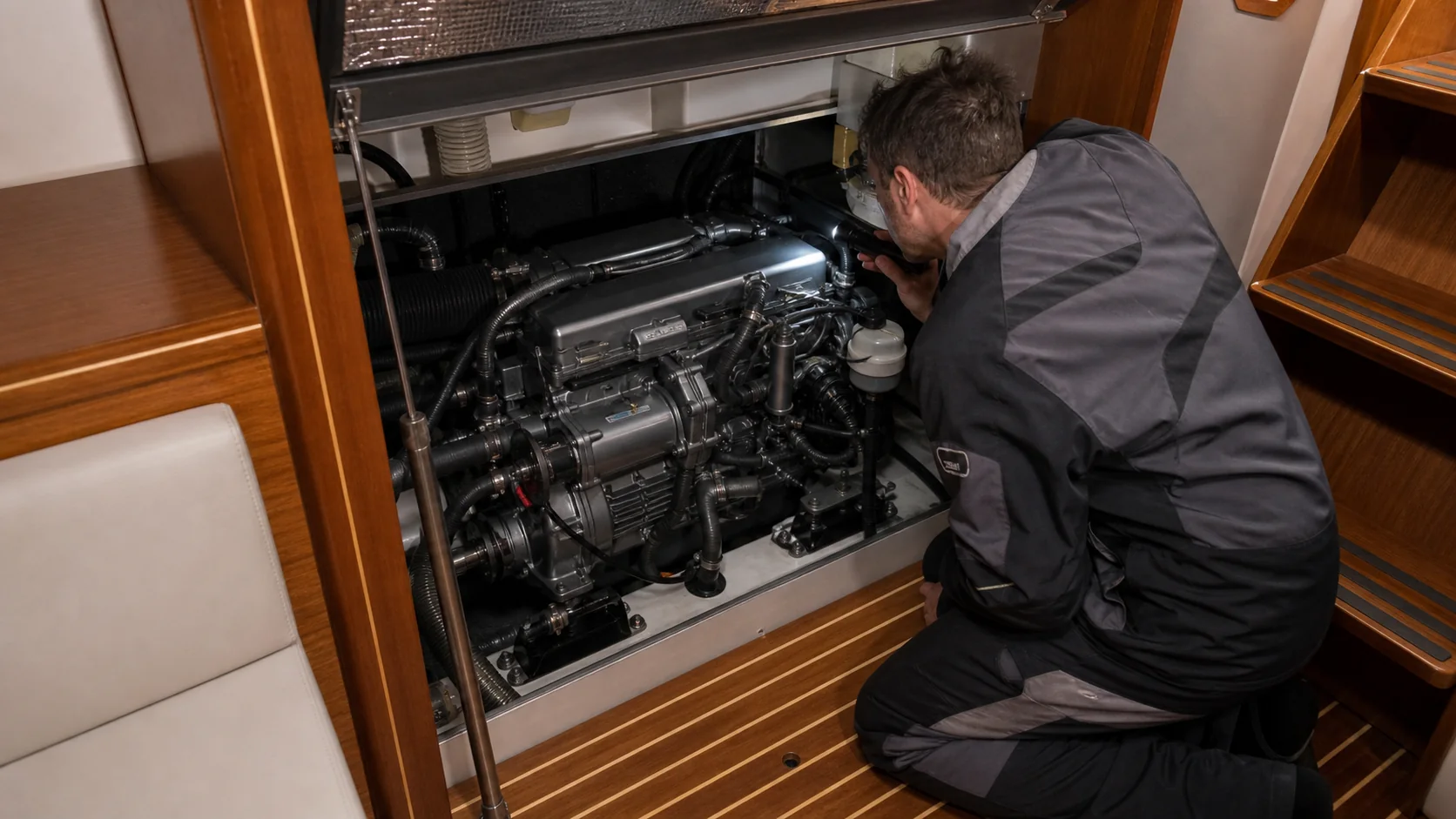 Gutachter prüft Motorraum und Bordtechnik einer gebrauchten Yacht