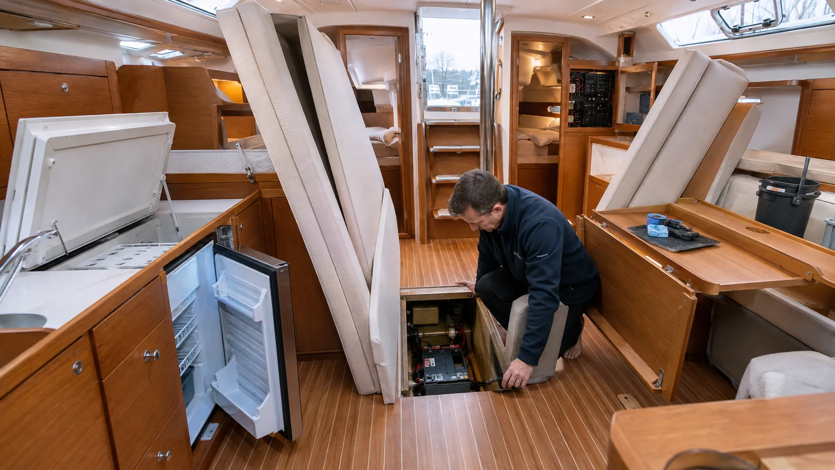 Innenraum einer Yacht wird für das Winterlager vorbereitet